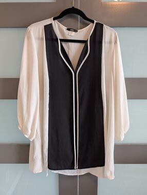 Ing Black and Cream Colorblock V-Neck Blouse